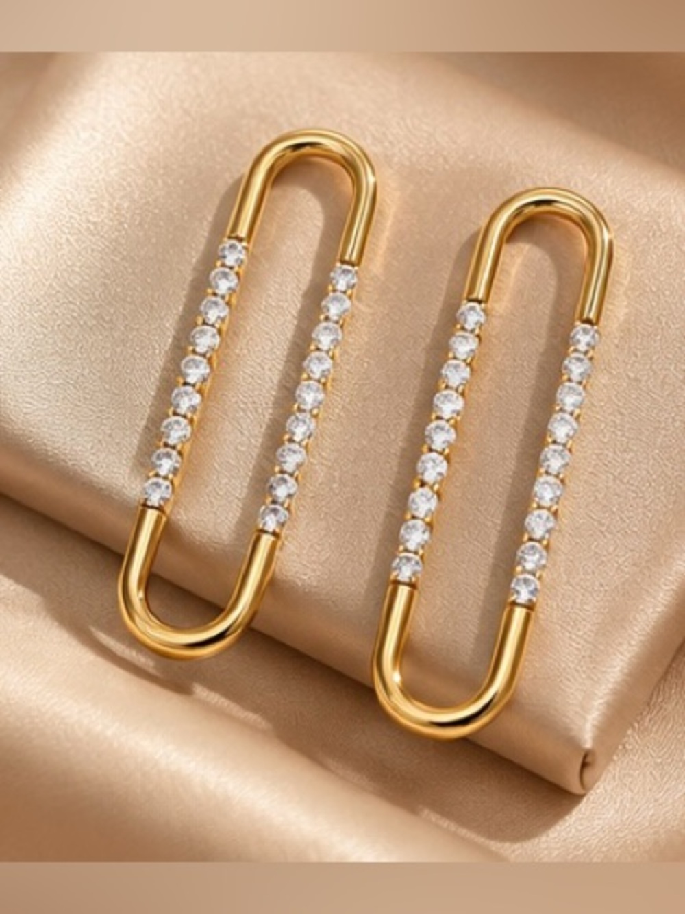 Gold Tone Rhinestone Long Drop Earrings Minimalist Statement Jewelry